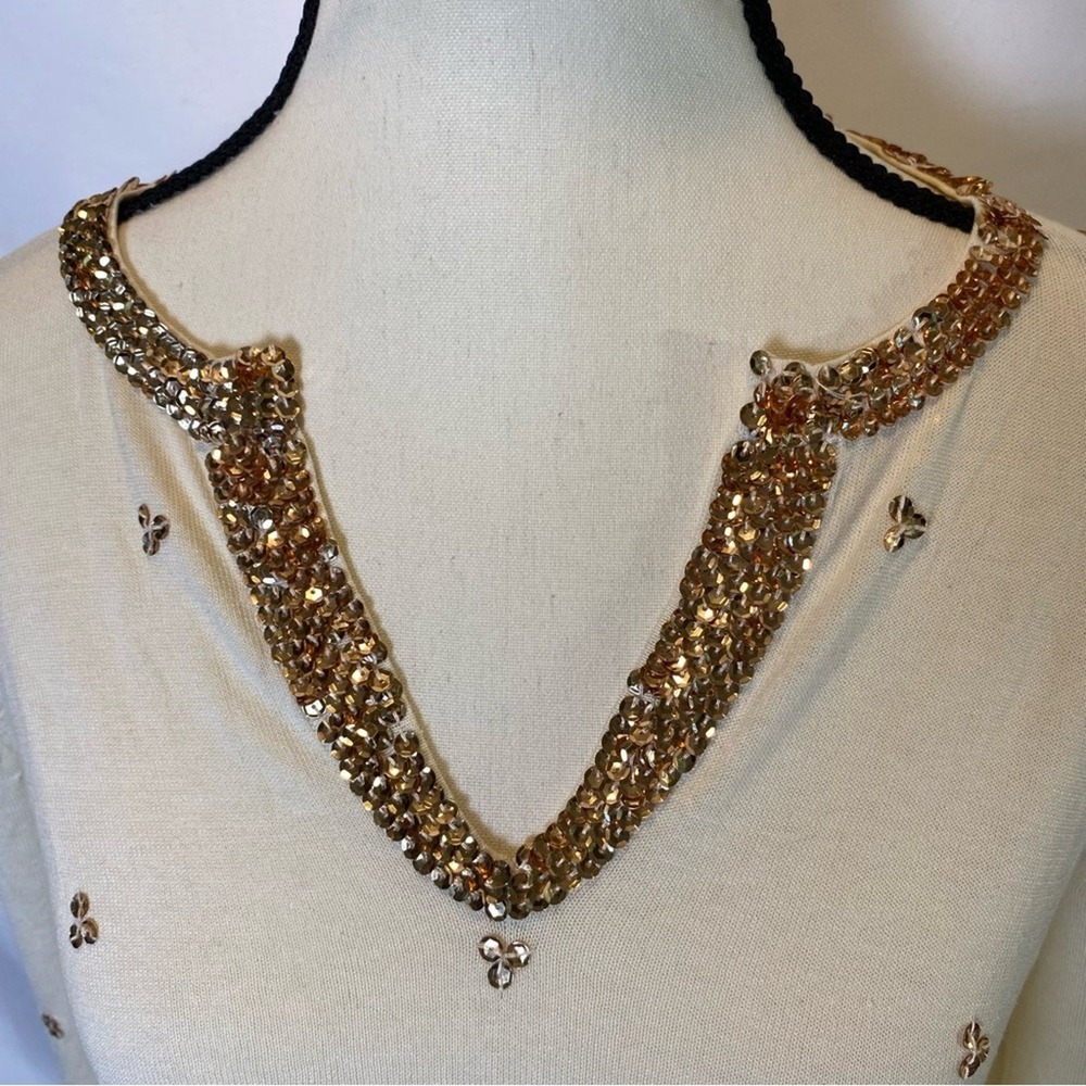 BCBGMaxAzria Sequined Long Sleeve Blouse Women's Medium‎ Silk Cotton Blend Top - Picture 2 of 10